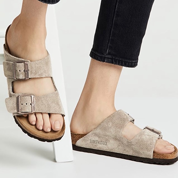 BIRKENSTOCK Womens Arizona Soft Slide Sandal Taupe Suede 5-5.5US / 36EU - Picture 1 of 12